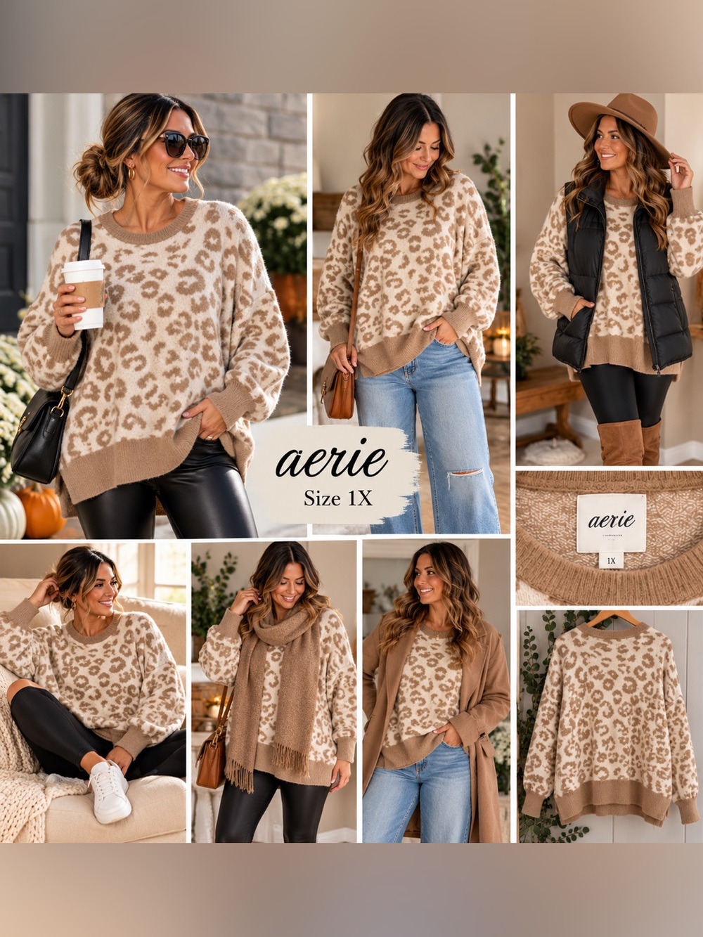 aerie Cream & Tan Leopard-Print Crewneck Sweater - Picture 2 of 13